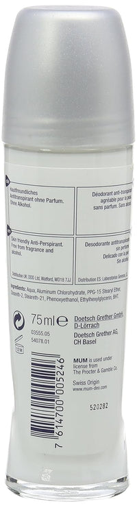 Mum Extra Fill illatmentes golyós dezodor 75 ml – 48 órás izzadásgátló érzékeny bőrre