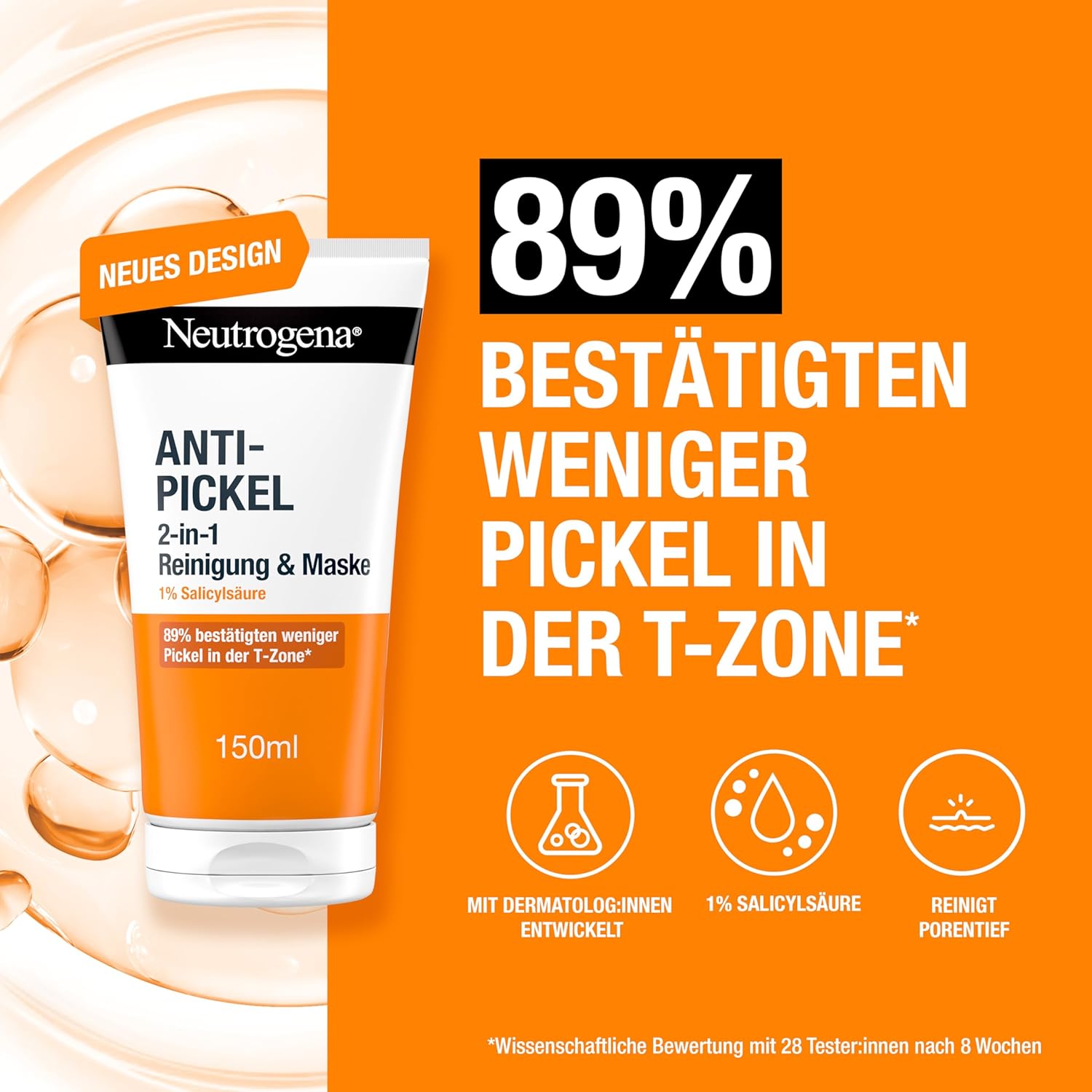Neutrogena pattanás elleni arctisztító, 2 az 1-ben tisztító és maszk szalicilsavval, pattanásos bőrre, olajmentes, 150 ml